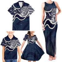 Aloha Hawaii Kalo Pikake Lei Family Matching Tank Maxi Dress and Hawaiian Shirt Chest Tattoo Oxford Blue Hawaiian Pattern