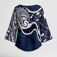 Aloha Hawaii Kalo Pikake Lei Kimono Sleeve Blouse Chest Tattoo Oxford Blue Hawaiian Pattern LT14 - Polynesian Pride