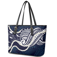 Aloha Hawaii Kalo Pikake Lei Leather Tote Bag Chest Tattoo Oxford Blue Hawaiian Pattern LT14 - Polynesian Pride