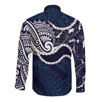 Aloha Hawaii Kalo Pikake Lei Long Sleeve Button Shirt Chest Tattoo Oxford Blue Hawaiian Pattern LT14 - Polynesian Pride