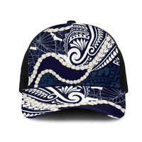 Aloha Hawaii Kalo Pikake Lei Mesh Trucker Cap Chest Tattoo Oxford Blue Hawaiian Pattern LT14 One Size Black Oxford Blue - Polynesian Pride