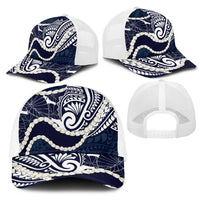 Aloha Hawaii Kalo Pikake Lei Mesh Trucker Cap Chest Tattoo Oxford Blue Hawaiian Pattern LT14 - Polynesian Pride