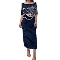 Aloha Hawaii Kalo Pikake Lei Puletasi Chest Tattoo Oxford Blue Hawaiian Pattern LT14 Long Dress Oxford Blue - Polynesian Pride
