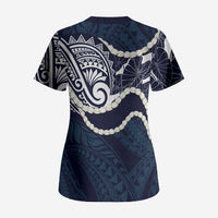 Aloha Hawaii Kalo Pikake Lei Scrub Top Chest Tattoo Oxford Blue Hawaiian Pattern LT14 - Polynesian Pride