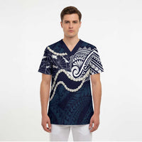 Aloha Hawaii Kalo Pikake Lei Scrub Top Chest Tattoo Oxford Blue Hawaiian Pattern LT14 - Polynesian Pride