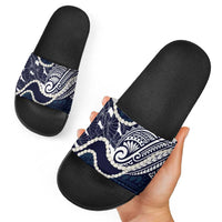Aloha Hawaii Kalo Pikake Lei Slide Sandals Chest Tattoo Oxford Blue Hawaiian Pattern LT14 - Polynesian Pride