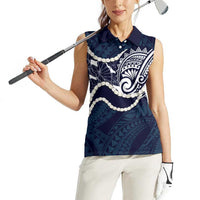 Aloha Hawaii Kalo Pikake Lei Women Sleeveless Polo Shirt Chest Tattoo Oxford Blue Hawaiian Pattern