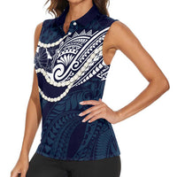 Aloha Hawaii Kalo Pikake Lei Women Sleeveless Polo Shirt Chest Tattoo Oxford Blue Hawaiian Pattern
