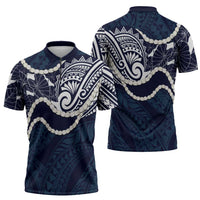 Aloha Hawaii Kalo Pikake Lei Zipper Polo Shirt Chest Tattoo Oxford Blue Hawaiian Pattern LT14 - Polynesian Pride