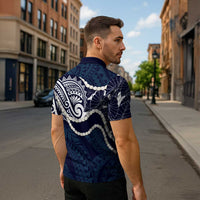 Aloha Hawaii Kalo Pikake Lei Zipper Polo Shirt Chest Tattoo Oxford Blue Hawaiian Pattern LT14 - Polynesian Pride