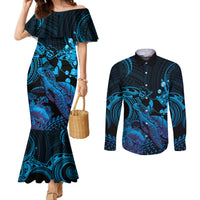 Blue Aloha Hawaii Couples Matching Mermaid Dress and Long Sleeve Button Shirt Snorkeling With Sea Turtle Polynesian Pattern LT14 Blue - Polynesian Pride