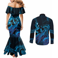 Blue Aloha Hawaii Couples Matching Mermaid Dress and Long Sleeve Button Shirt Snorkeling With Sea Turtle Polynesian Pattern LT14 - Polynesian Pride
