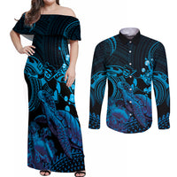 Blue Aloha Hawaii Couples Matching Off Shoulder Maxi Dress and Long Sleeve Button Shirt Snorkeling With Sea Turtle Polynesian Pattern