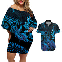Blue Aloha Hawaii Couples Matching Off Shoulder Short Dress and Hawaiian Shirt Snorkeling With Sea Turtle Polynesian Pattern LT14 Blue - Polynesian Pride