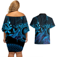 Blue Aloha Hawaii Couples Matching Off Shoulder Short Dress and Hawaiian Shirt Snorkeling With Sea Turtle Polynesian Pattern LT14 - Polynesian Pride