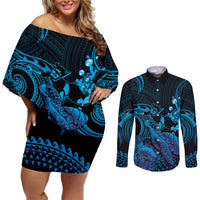 Blue Aloha Hawaii Couples Matching Off Shoulder Short Dress and Long Sleeve Button Shirt Snorkeling With Sea Turtle Polynesian Pattern LT14 Blue - Polynesian Pride