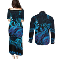 Blue Aloha Hawaii Couples Matching Puletasi and Long Sleeve Button Shirt Snorkeling With Sea Turtle Polynesian Pattern LT14 - Polynesian Pride