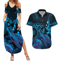 Blue Aloha Hawaii Couples Matching Summer Maxi Dress and Hawaiian Shirt Snorkeling With Sea Turtle Polynesian Pattern LT14 Blue - Polynesian Pride