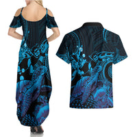 Blue Aloha Hawaii Couples Matching Summer Maxi Dress and Hawaiian Shirt Snorkeling With Sea Turtle Polynesian Pattern