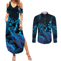 Blue Aloha Hawaii Couples Matching Summer Maxi Dress and Long Sleeve Button Shirt Snorkeling With Sea Turtle Polynesian Pattern LT14 Blue - Polynesian Pride