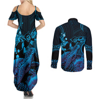 Blue Aloha Hawaii Couples Matching Summer Maxi Dress and Long Sleeve Button Shirt Snorkeling With Sea Turtle Polynesian Pattern LT14 - Polynesian Pride