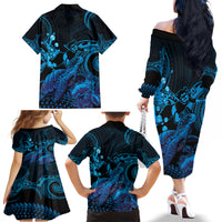Blue Aloha Hawaii Family Matching Off The Shoulder Long Sleeve Dress and Hawaiian Shirt Snorkeling With Sea Turtle Polynesian Pattern