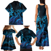 Blue Aloha Hawaii Family Matching Tank Maxi Dress and Hawaiian Shirt Snorkeling With Sea Turtle Polynesian Pattern