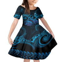 Blue Aloha Hawaii Kid Short Sleeve Dress Snorkeling With Sea Turtle Polynesian Pattern