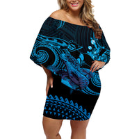 Blue Aloha Hawaii Off Shoulder Short Dress Snorkeling With Sea Turtle Polynesian Pattern LT14 Women Blue - Polynesian Pride