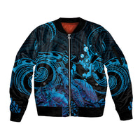 Blue Aloha Hawaii Sleeve Zip Bomber Jacket Snorkeling With Sea Turtle Polynesian Pattern