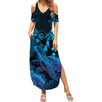 Blue Aloha Hawaii Summer Maxi Dress Snorkeling With Sea Turtle Polynesian Pattern LT14 Women Blue - Polynesian Pride