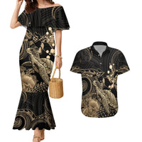 Gold Aloha Hawaii Couples Matching Mermaid Dress and Hawaiian Shirt Snorkeling With Sea Turtle Polynesian Pattern LT14 Gold - Polynesian Pride