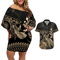 Gold Aloha Hawaii Couples Matching Off Shoulder Short Dress and Hawaiian Shirt Snorkeling With Sea Turtle Polynesian Pattern LT14 Gold - Polynesian Pride