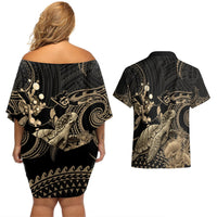 Gold Aloha Hawaii Couples Matching Off Shoulder Short Dress and Hawaiian Shirt Snorkeling With Sea Turtle Polynesian Pattern LT14 - Polynesian Pride