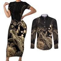 Gold Aloha Hawaii Couples Matching Short Sleeve Bodycon Dress and Long Sleeve Button Shirt Snorkeling With Sea Turtle Polynesian Pattern LT14 Gold - Polynesian Pride