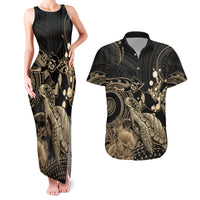 Gold Aloha Hawaii Couples Matching Tank Maxi Dress and Hawaiian Shirt Snorkeling With Sea Turtle Polynesian Pattern LT14 Gold - Polynesian Pride