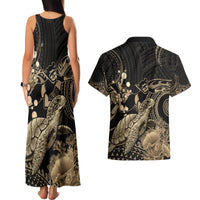 Gold Aloha Hawaii Couples Matching Tank Maxi Dress and Hawaiian Shirt Snorkeling With Sea Turtle Polynesian Pattern LT14 - Polynesian Pride