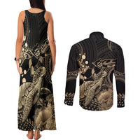 Gold Aloha Hawaii Couples Matching Tank Maxi Dress and Long Sleeve Button Shirt Snorkeling With Sea Turtle Polynesian Pattern LT14 - Polynesian Pride