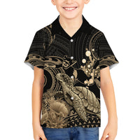 Gold Aloha Hawaii Family Matching Tank Maxi Dress and Hawaiian Shirt Snorkeling With Sea Turtle Polynesian Pattern