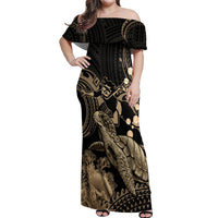 Gold Aloha Hawaii Off Shoulder Maxi Dress Snorkeling With Sea Turtle Polynesian Pattern LT14 Women Gold - Polynesian Pride