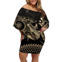 Gold Aloha Hawaii Off Shoulder Short Dress Snorkeling With Sea Turtle Polynesian Pattern LT14 Women Gold - Polynesian Pride