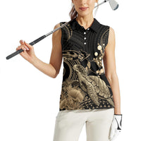 Gold Aloha Hawaii Women Sleeveless Polo Shirt Snorkeling With Sea Turtle Polynesian Pattern