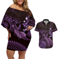 Purple Aloha Hawaii Couples Matching Off Shoulder Short Dress and Hawaiian Shirt Snorkeling With Sea Turtle Polynesian Pattern LT14 Purple - Polynesian Pride