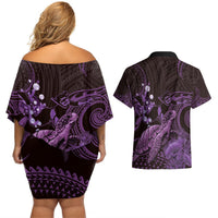 Purple Aloha Hawaii Couples Matching Off Shoulder Short Dress and Hawaiian Shirt Snorkeling With Sea Turtle Polynesian Pattern LT14 - Polynesian Pride