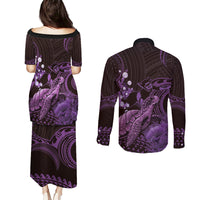 Purple Aloha Hawaii Couples Matching Puletasi and Long Sleeve Button Shirt Snorkeling With Sea Turtle Polynesian Pattern LT14 - Polynesian Pride