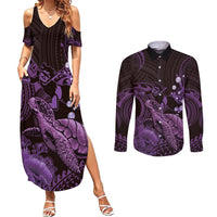 Purple Aloha Hawaii Couples Matching Summer Maxi Dress and Long Sleeve Button Shirt Snorkeling With Sea Turtle Polynesian Pattern LT14 Purple - Polynesian Pride