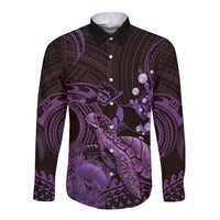 Purple Aloha Hawaii Long Sleeve Button Shirt Snorkeling With Sea Turtle Polynesian Pattern