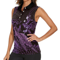 Purple Aloha Hawaii Women Sleeveless Polo Shirt Snorkeling With Sea Turtle Polynesian Pattern