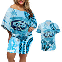 Hawaii Sea Turtle Snorkeling Is My Therapy Couples Matching Off Shoulder Short Dress and Hawaiian Shirt LT14 Blue - Polynesian Pride
