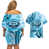 Hawaii Sea Turtle Snorkeling Is My Therapy Couples Matching Off Shoulder Short Dress and Hawaiian Shirt LT14 - Polynesian Pride